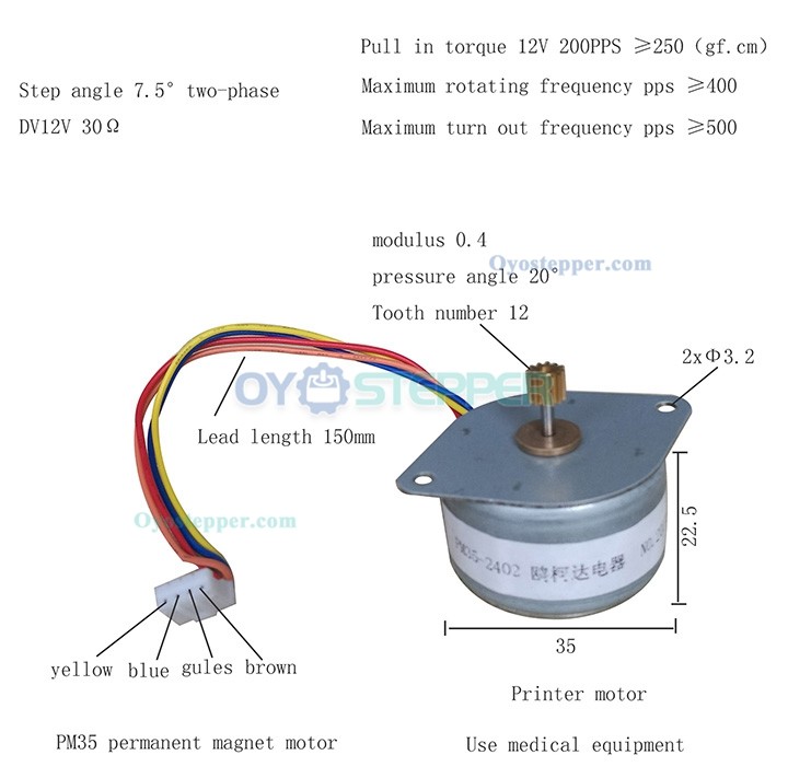 Oukeda PM Stepper Motor for Printer 7.5 Deg 2.45Ncm 12V 2 Phase Φ35 mm